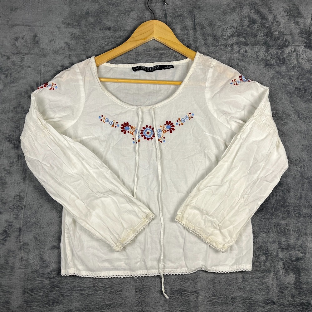 Cotton Express White Embroidered Boho Peasant Blouse Top Womens Small Tie Neck